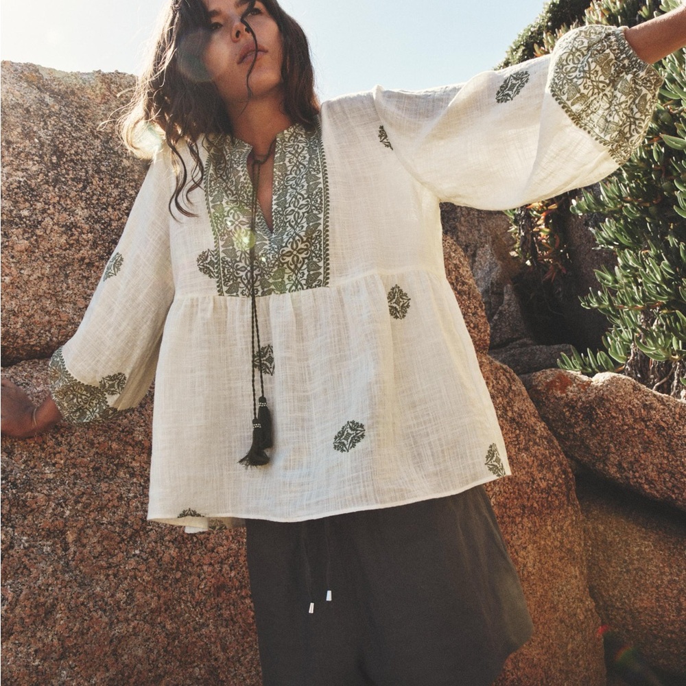 Zara White Blouse with Green Embroidery